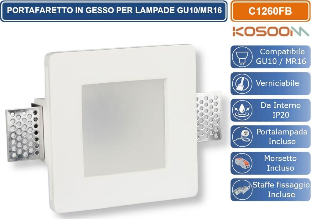 KOSOOM C1245FB PORTAFARETTO QUADRATO CON COPERTURA IN VETRO OPACA DA INCASSO IN GESSO VRNICIABILE PER LAMPADINE GU10 MR16 - 2
