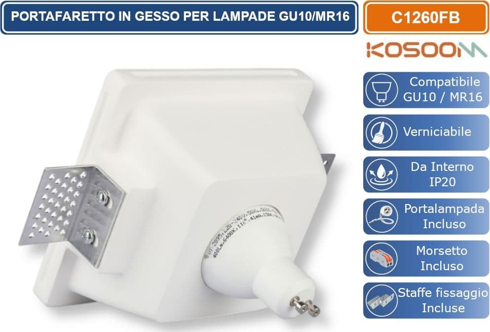 KOSOOM C1245FB PORTAFARETTO QUADRATO CON COPERTURA IN VETRO OPACA DA INCASSO IN GESSO VRNICIABILE PER LAMPADINE GU10 MR16 - 3