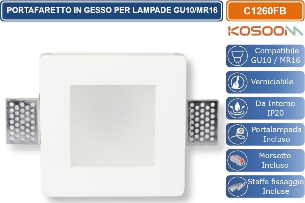 KOSOOM C1245FB PORTAFARETTO QUADRATO CON COPERTURA IN VETRO OPACA DA INCASSO IN GESSO VRNICIABILE PER LAMPADINE GU10 MR16 - 4