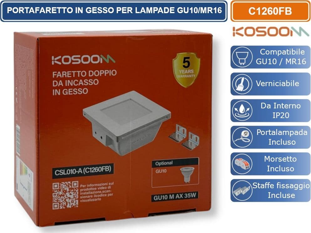 KOSOOM C1245FB PORTAFARETTO QUADRATO CON COPERTURA IN VETRO OPACA DA INCASSO IN GESSO VRNICIABILE PER LAMPADINE GU10 MR16 - 5