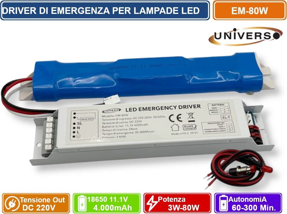 UNIVERSO EM-80W DRIVER DI EMERGENZA PER LAMPADE LED DA 3W A 80W AUTONOMIA FINO A 300 MINUTI USCITA DC 220V - 2
