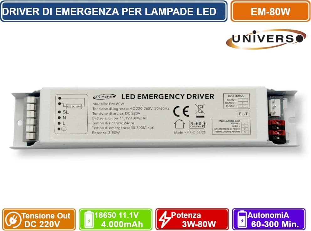 UNIVERSO EM-80W DRIVER DI EMERGENZA PER LAMPADE LED DA 3W A 80W AUTONOMIA FINO A 300 MINUTI USCITA DC 220V - 3