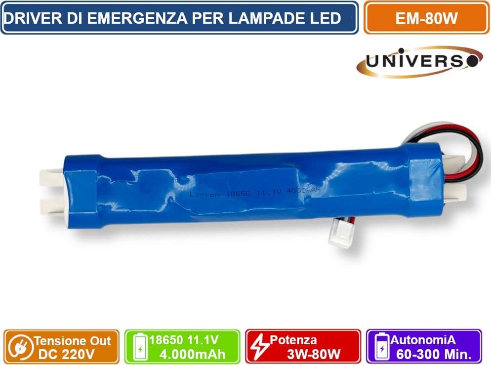 UNIVERSO EM-80W DRIVER DI EMERGENZA PER LAMPADE LED DA 3W A 80W AUTONOMIA FINO A 300 MINUTI USCITA DC 220V - 4