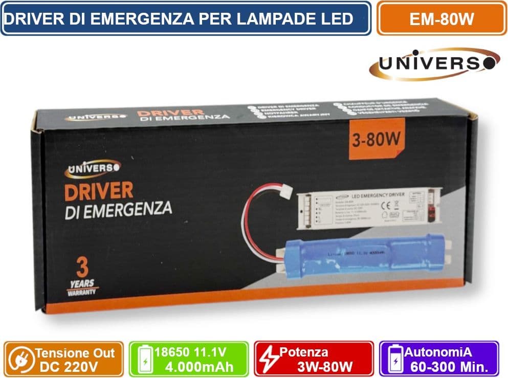 UNIVERSO EM-80W DRIVER DI EMERGENZA PER LAMPADE LED DA 3W A 80W AUTONOMIA FINO A 300 MINUTI USCITA DC 220V - 5