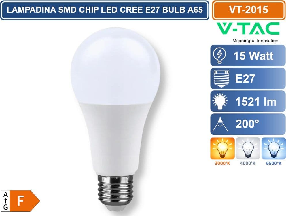 V-TAC VT-2015 LAMPADINA LED E27 15W A65 GOCCIA SMD CHIP CREE TERMOPLASTICA 3000K 4000K 6500K - 2