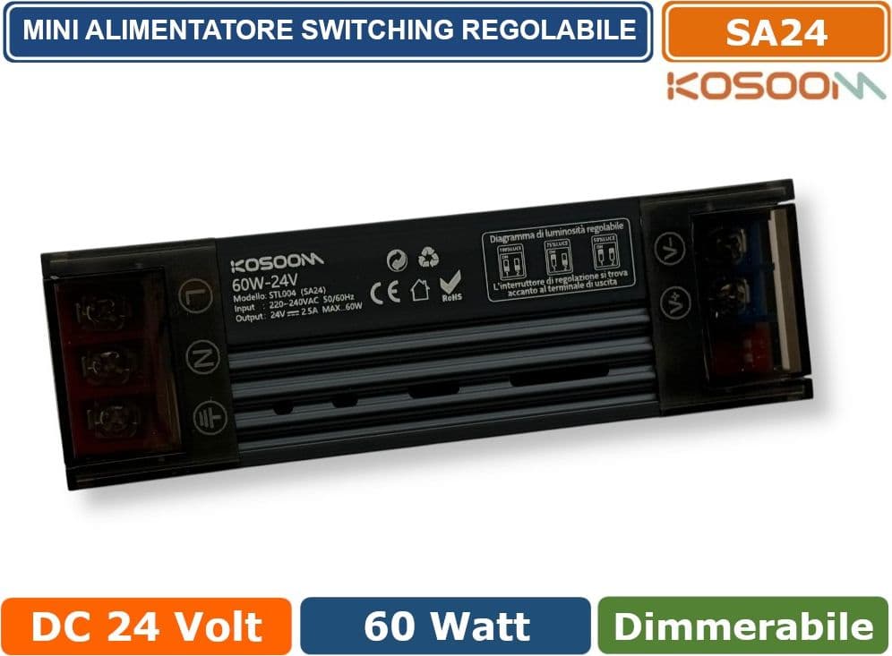 KOSOOM SA24 MINI ALIMENTATORE SLIM METALLICO STABILIZZATO SWITCHING TRIMMER 220V-24V 2.5A 60 WATT COLORE NERO IP20 - 2