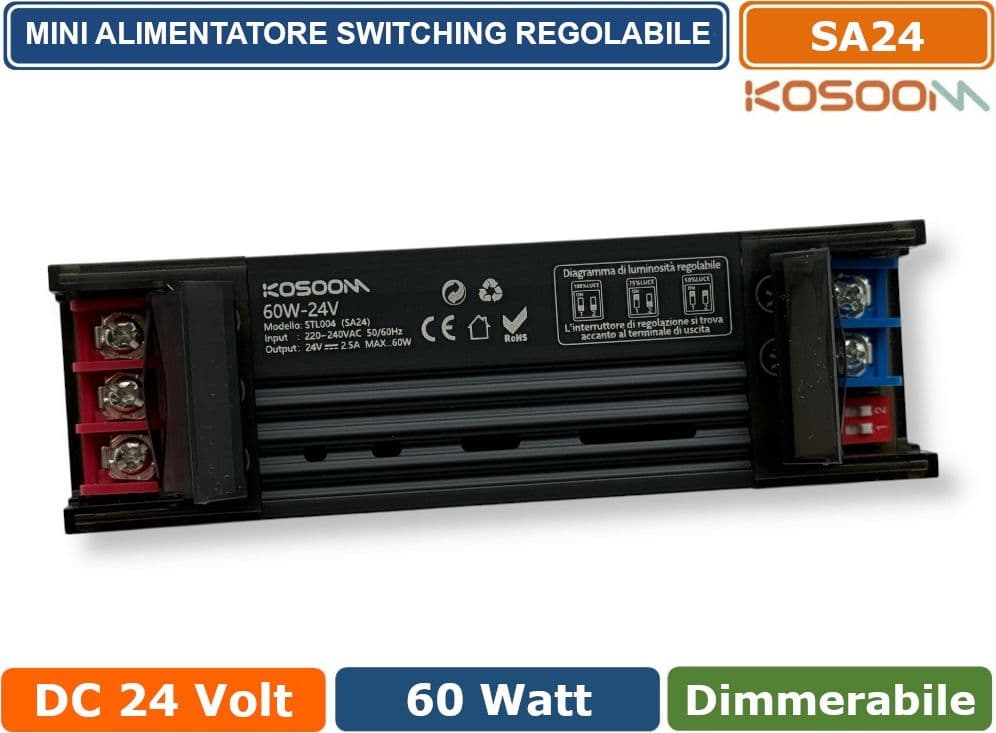 KOSOOM SA24 MINI ALIMENTATORE SLIM METALLICO STABILIZZATO SWITCHING TRIMMER 220V-24V 2.5A 60 WATT COLORE NERO IP20 - 3