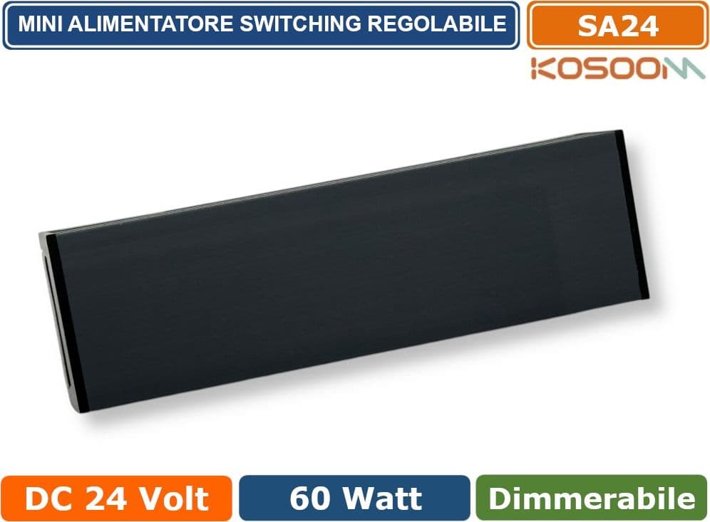 KOSOOM SA24 MINI ALIMENTATORE SLIM METALLICO STABILIZZATO SWITCHING TRIMMER 220V-24V 2.5A 60 WATT COLORE NERO IP20 - 4