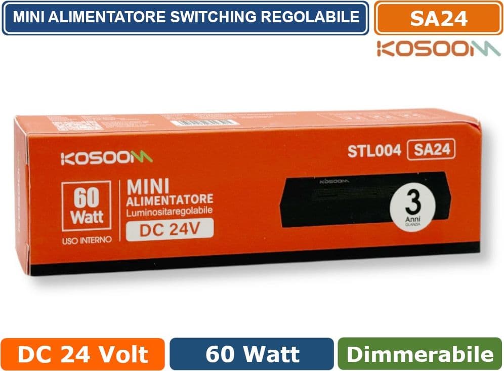 KOSOOM SA24 MINI ALIMENTATORE SLIM METALLICO STABILIZZATO SWITCHING TRIMMER 220V-24V 2.5A 60 WATT COLORE NERO IP20 - 5