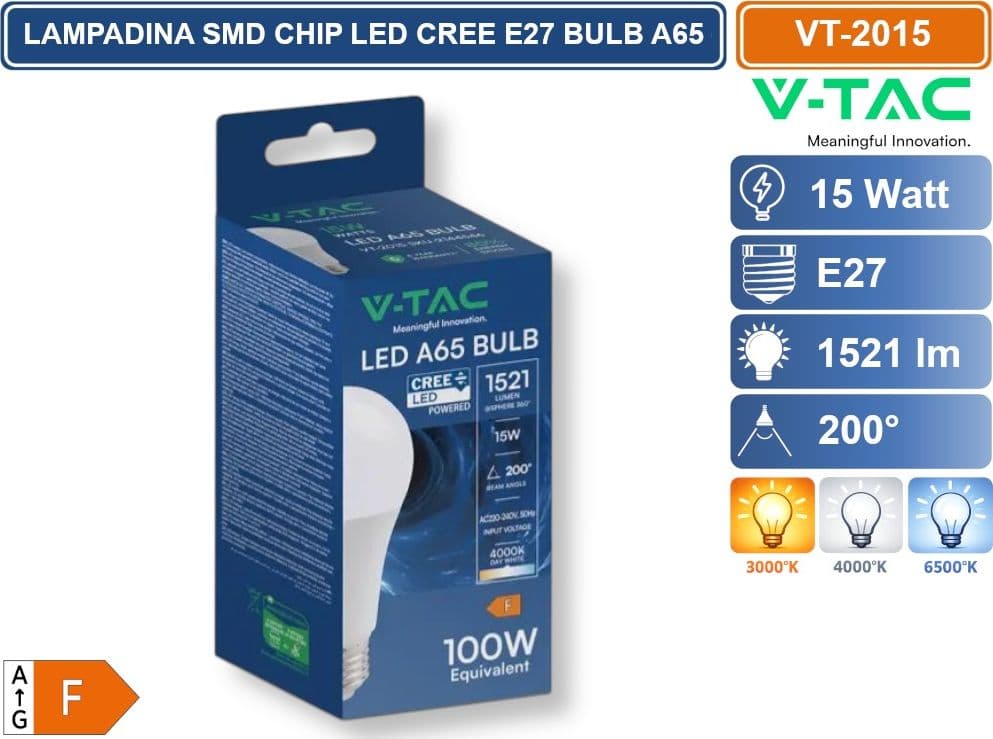 15 PEZZI V-TAC VT-2015 LAMPADINA LED E27 15W A65 GOCCIA SMD CHIP CREE TERMOPLASTICA 3000K 4000K 6500K - 3