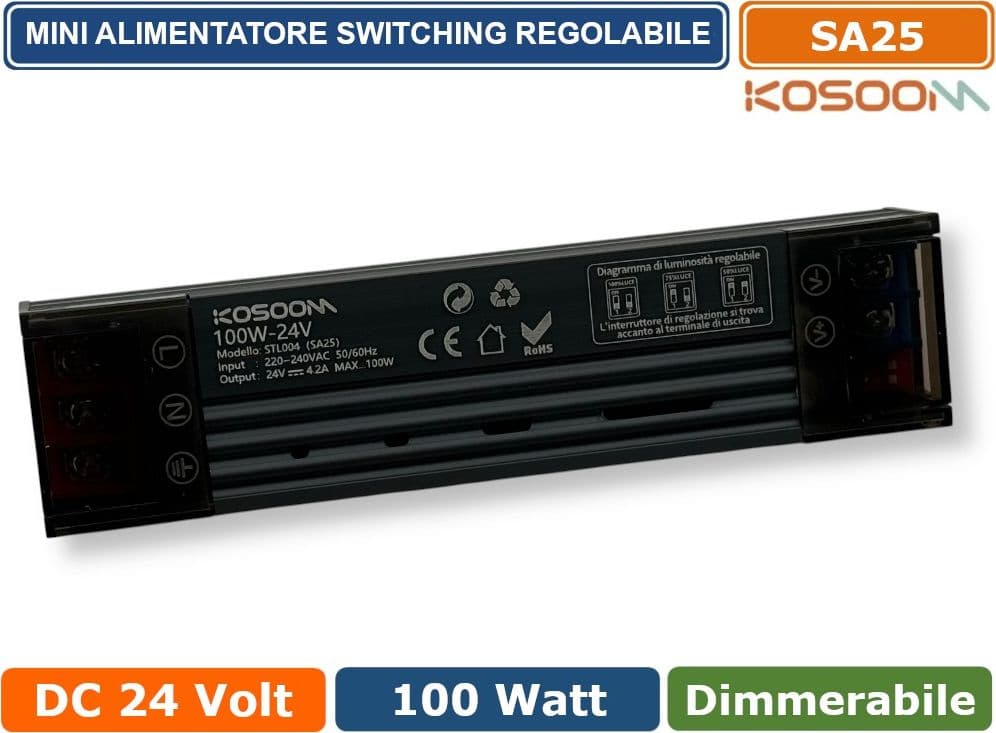KOSOOM SA25 MINI ALIMENTATORE SLIM METALLICO STABILIZZATO SWITCHING TRIMMER 220V-24V 4.16A 100 WATT COLORE NERO IP20 - 2