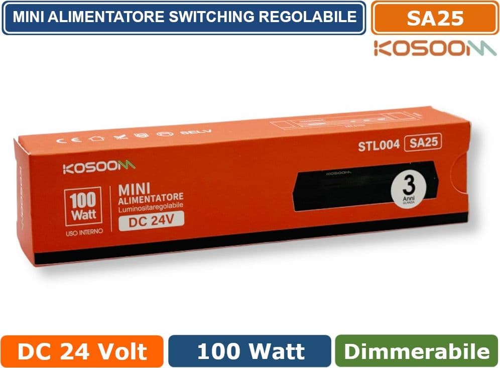 KOSOOM SA25 MINI ALIMENTATORE SLIM METALLICO STABILIZZATO SWITCHING TRIMMER 220V-24V 4.16A 100 WATT COLORE NERO IP20 - 5