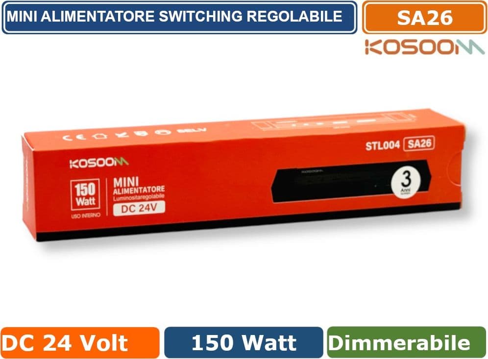 KOSOOM SA26 MINI ALIMENTATORE SLIM METALLICO STABILIZZATO SWITCHING TRIMMER 220V-24V 6.25A 150 WATT COLORE NERO IP20 - 5