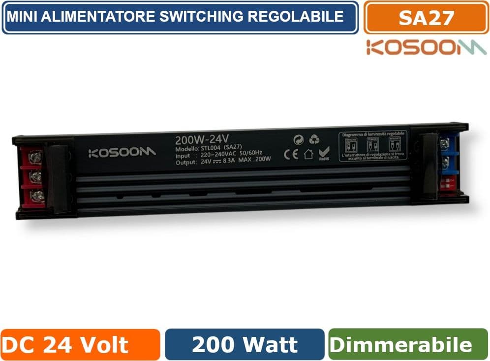 KOSOOM SA27 MINI ALIMENTATORE SLIM METALLICO STABILIZZATO SWITCHING TRIMMER 220V-24V 8.33A 200 WATT COLORE NERO IP20 - 3