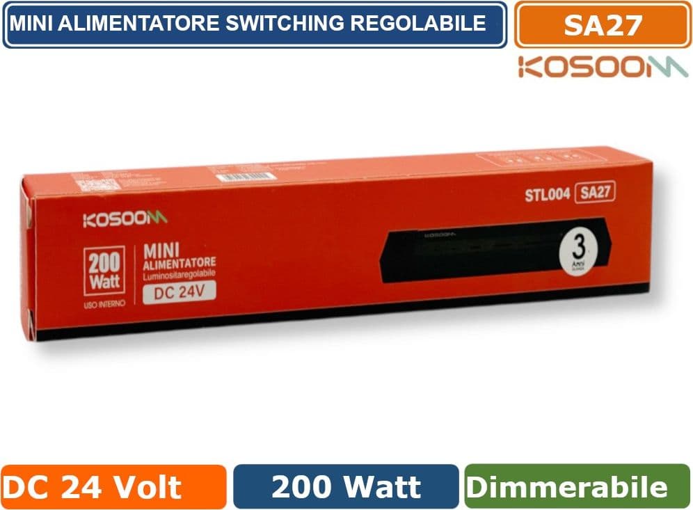 KOSOOM SA27 MINI ALIMENTATORE SLIM METALLICO STABILIZZATO SWITCHING TRIMMER 220V-24V 8.33A 200 WATT COLORE NERO IP20 - 5