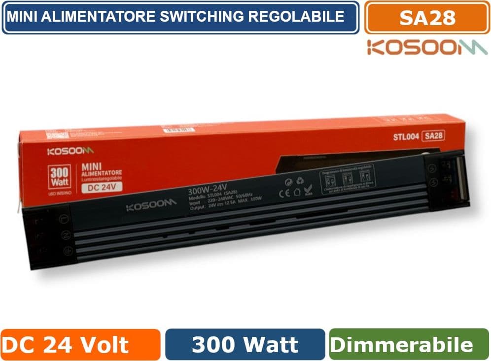 KOSOOM SA28 MINI ALIMENTATORE SLIM METALLICO STABILIZZATO SWITCHING TRIMMER 220V-24V 12.5A 300 WATT COLORE NERO IP20