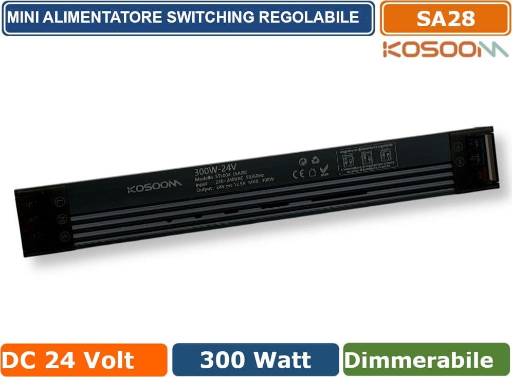 KOSOOM SA28 MINI ALIMENTATORE SLIM METALLICO STABILIZZATO SWITCHING TRIMMER 220V-24V 12.5A 300 WATT COLORE NERO IP20 - 2