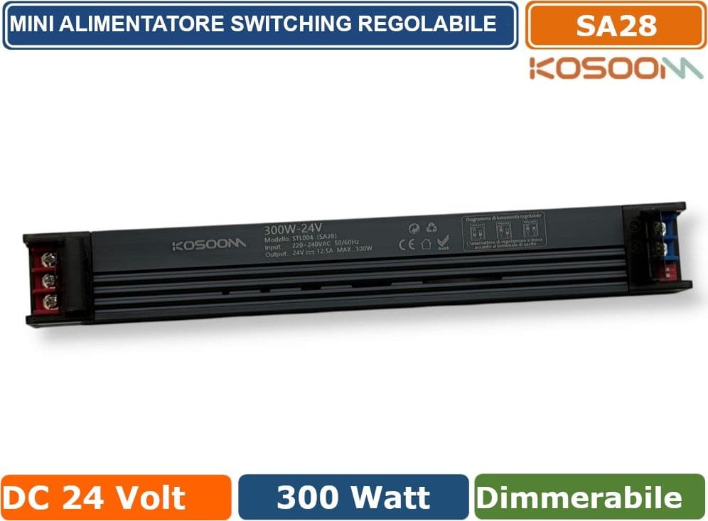 KOSOOM SA28 MINI ALIMENTATORE SLIM METALLICO STABILIZZATO SWITCHING TRIMMER 220V-24V 12.5A 300 WATT COLORE NERO IP20 - 3