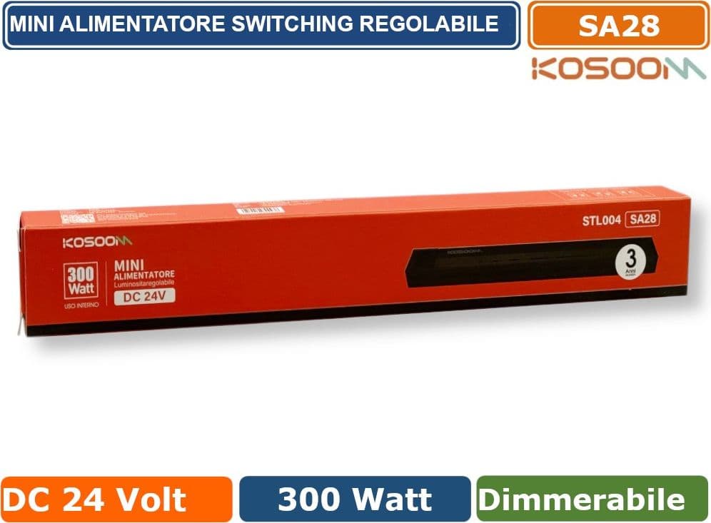 KOSOOM SA28 MINI ALIMENTATORE SLIM METALLICO STABILIZZATO SWITCHING TRIMMER 220V-24V 12.5A 300 WATT COLORE NERO IP20 - 5