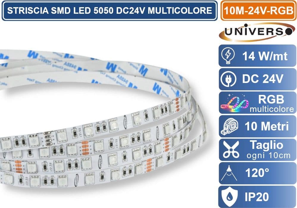 UNIVERSO 10M-24V-RGB Striscia LED Flessibile 140W SMD RGB 60 LED/METRO DC 24V BOBINA 10 METRI DA INTERNO IP20 - 2