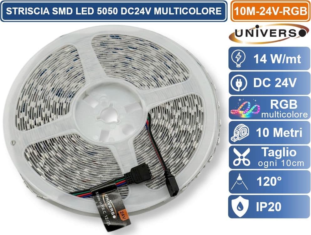 UNIVERSO 10M-24V-RGB Striscia LED Flessibile 140W SMD RGB 60 LED/METRO DC 24V BOBINA 10 METRI DA INTERNO IP20 - 3
