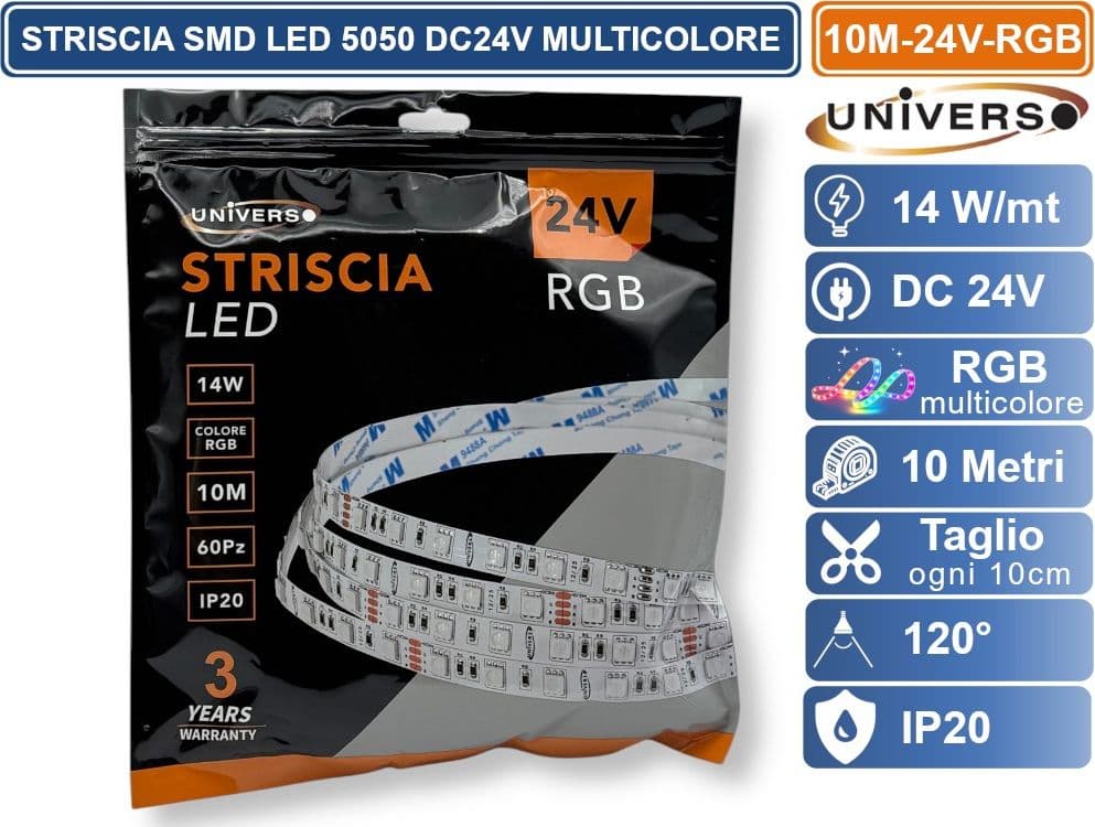 UNIVERSO 10M-24V-RGB Striscia LED Flessibile 140W SMD RGB 60 LED/METRO DC 24V BOBINA 10 METRI DA INTERNO IP20 - 4