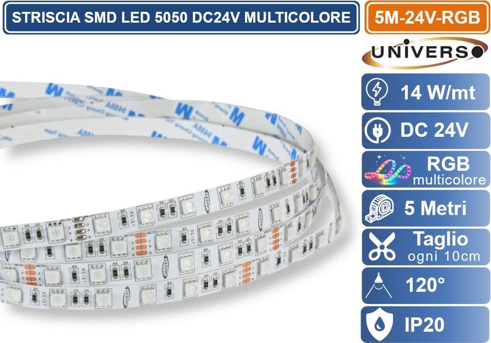 UNIVERSO 5M-24V-RGB Striscia LED Flessibile 70W SMD RGB 60 LED/METRO DC 24V BOBINA 5 METRI DA INTERNO IP20 - 2