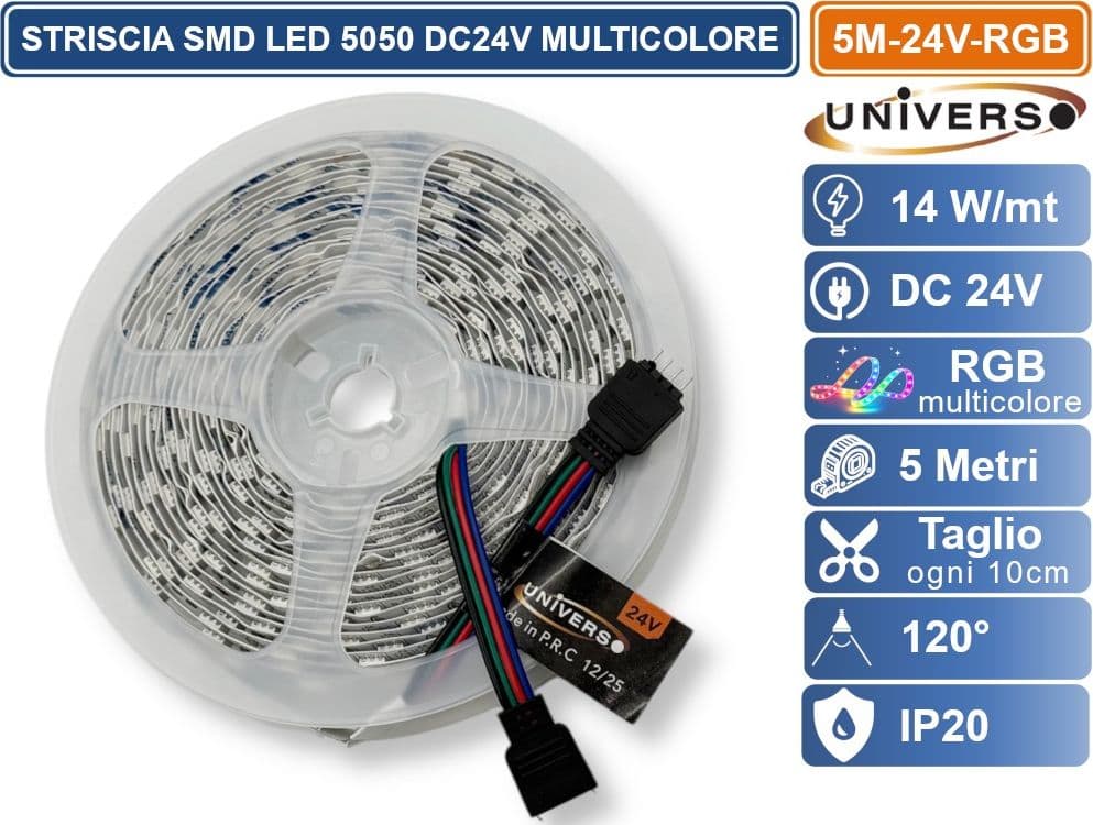 UNIVERSO 5M-24V-RGB Striscia LED Flessibile 70W SMD RGB 60 LED/METRO DC 24V BOBINA 5 METRI DA INTERNO IP20 - 3