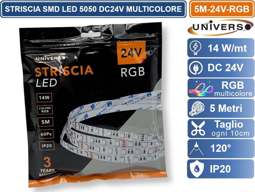 UNIVERSO 5M-24V-RGB Striscia LED Flessibile 70W SMD RGB 60 LED/METRO DC 24V BOBINA 5 METRI DA INTERNO IP20 - 4