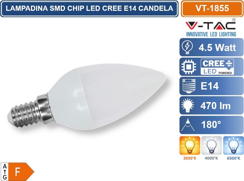 10 PEZZI V-TAC VT-1855 LAMPADINA LED E14 4,5W CANDELA C37 SMD CHIP CREE 3000K 4000K 6500K - 2