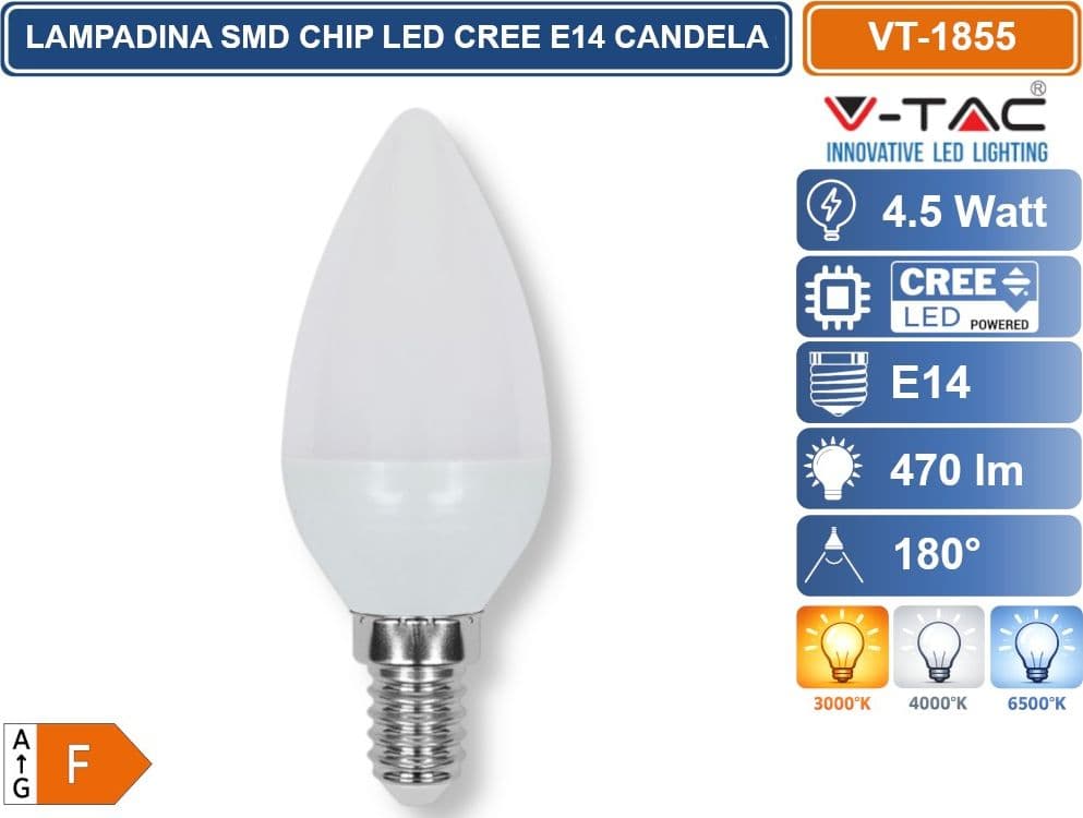 10 PEZZI V-TAC VT-1855 LAMPADINA LED E14 4,5W CANDELA C37 SMD CHIP CREE 3000K 4000K 6500K - 3