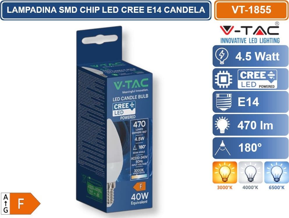 20 PEZZI V-TAC VT-1855 LAMPADINA LED E14 4,5W CANDELA C37 SMD CHIP CREE 3000K 4000K 6500K - 4