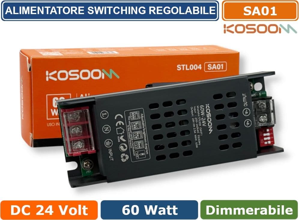 KOSOOM SA01 ALIMENTATORE TRASFORMATORE SLIM METALLICO STABILIZZATO SWITCHING DIMMERABILE 220V-24V 2.5A 60 WATT COLORE NERO IP20