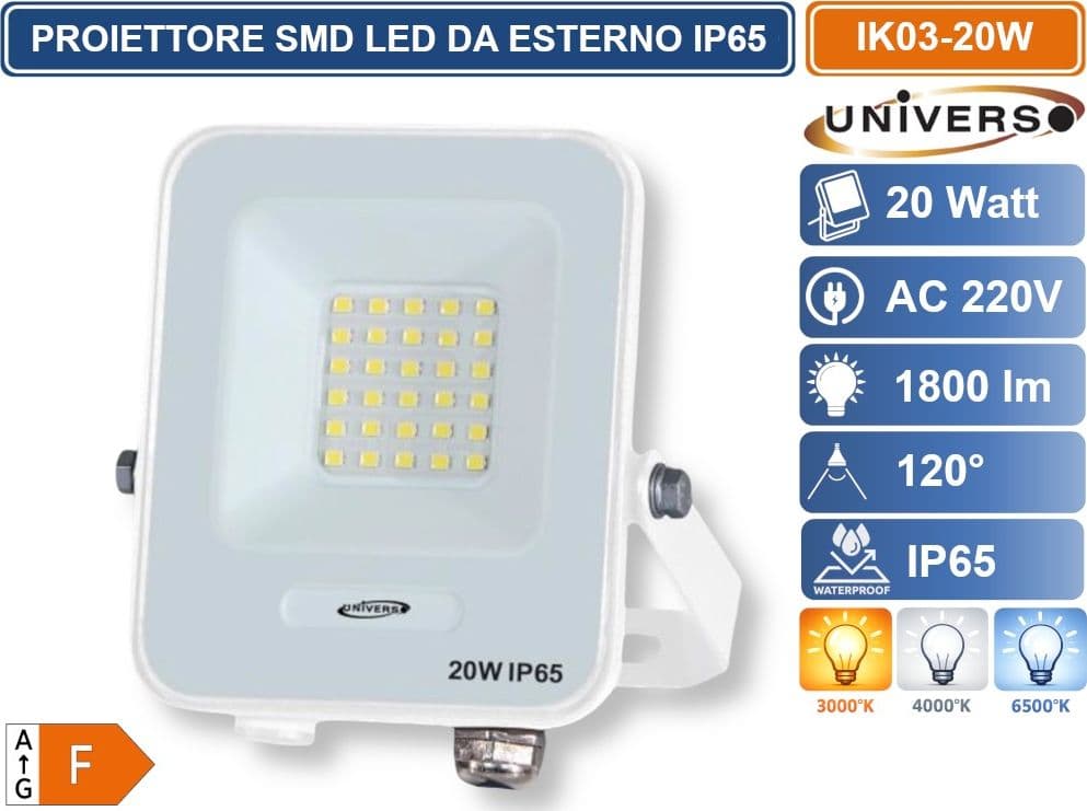UNIVERSO IK03-20W PROIETTORE SMD LED 20W DA ESTERNO IP65 1800LM 3000K 4000K 6500K - 2