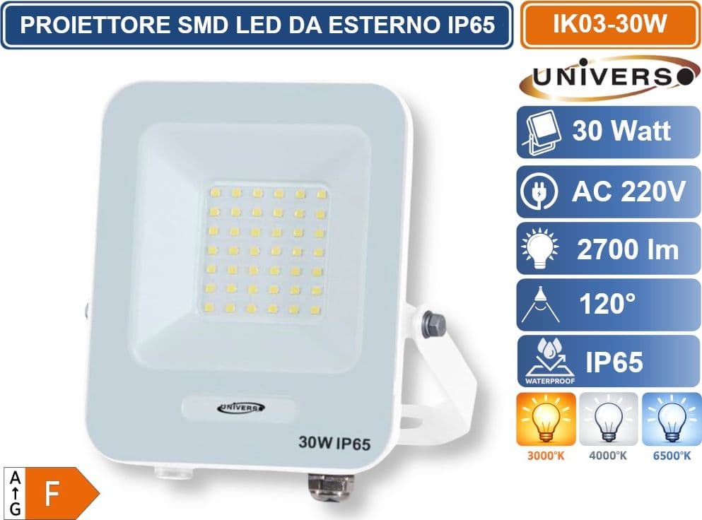 UNIVERSO IK03-30W PROIETTORE SMD LED 30W DA ESTERNO IP65 2700LM 3000K 4000K 6500K - 2