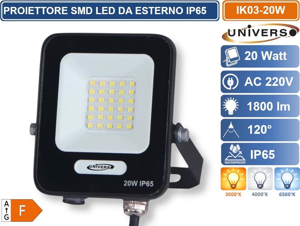 UNIVERSO IK03-20W-N PROIETTORE SMD LED 20W DA ESTERNO IP65 1800LM 3000K 4000K 6500K - 2