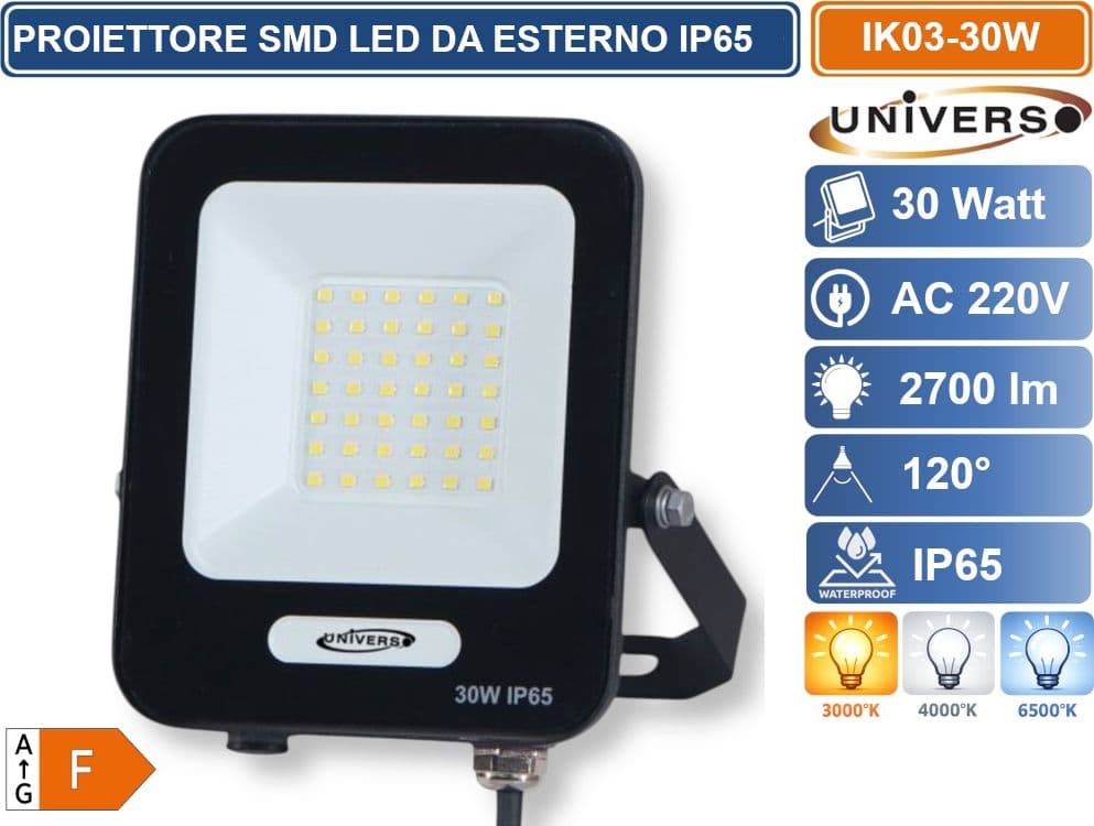UNIVERSO IK03-30W-N PROIETTORE SMD LED 30W DA ESTERNO IP65 2700LM 3000K 4000K 6500K - 2