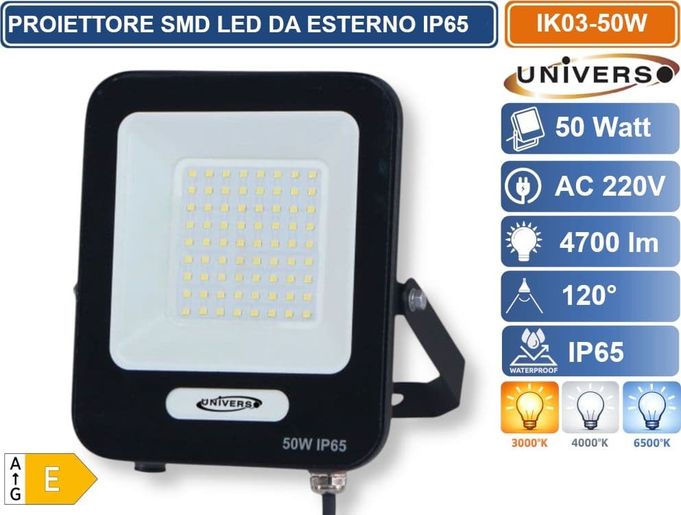 UNIVERSO IK03-50W-N PROIETTORE SMD LED 50W DA ESTERNO IP65 4700LM 3000K 4000K 6500K - 2