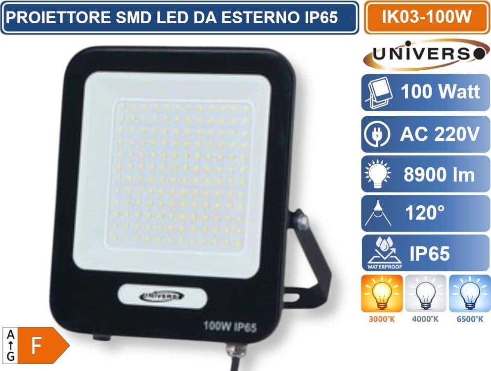 UNIVERSO IK03-100W-N PROIETTORE SMD LED 100W DA ESTERNO IP65 4700LM 3000K 4000K 6500K - 2