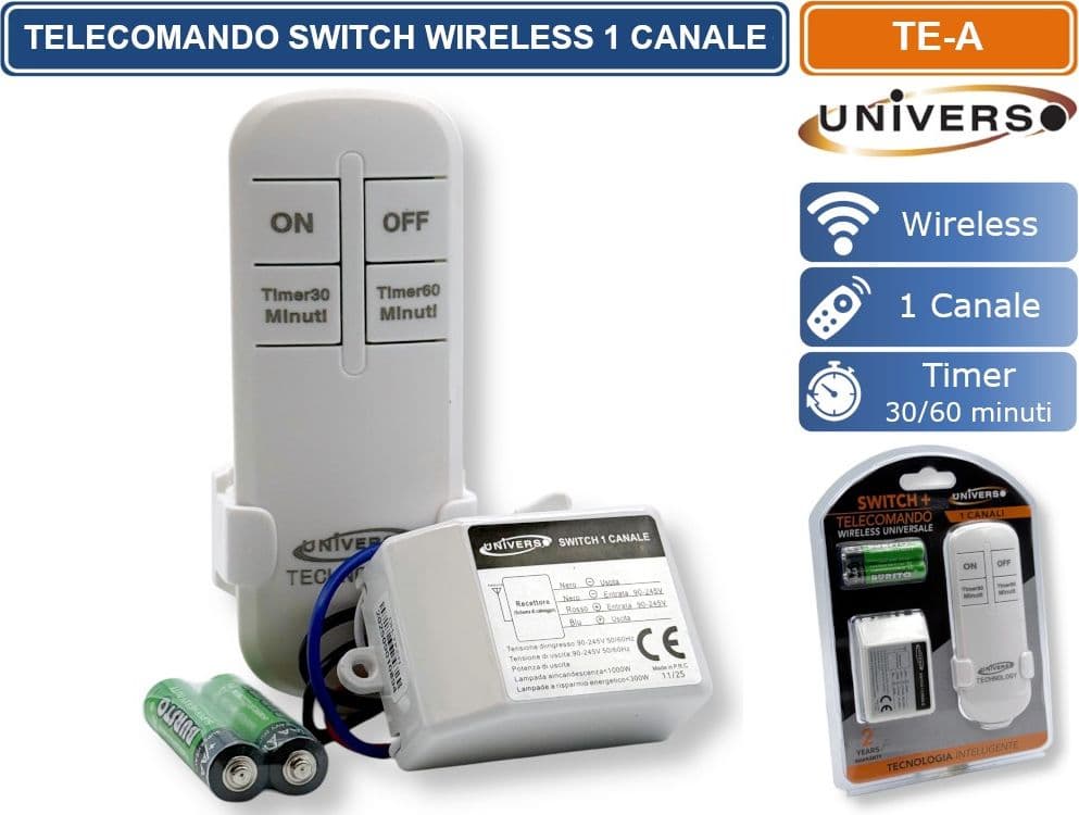 UNIVERSO TE-A TELECOMANDO WIRELESS SWITCH 1 CANALE ON/OFF CON TIMER 30/60 MINUTI – PORTATA FINO A 100 M - 2