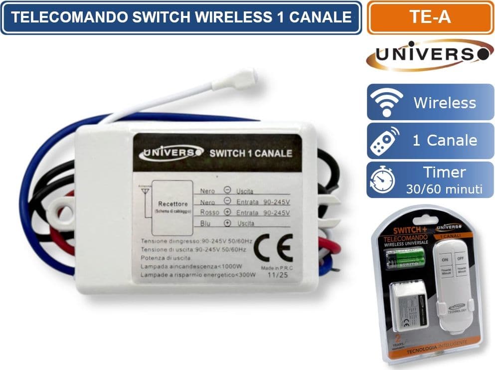 UNIVERSO TE-A TELECOMANDO WIRELESS SWITCH 1 CANALE ON/OFF CON TIMER 30/60 MINUTI – PORTATA FINO A 100 M - 3