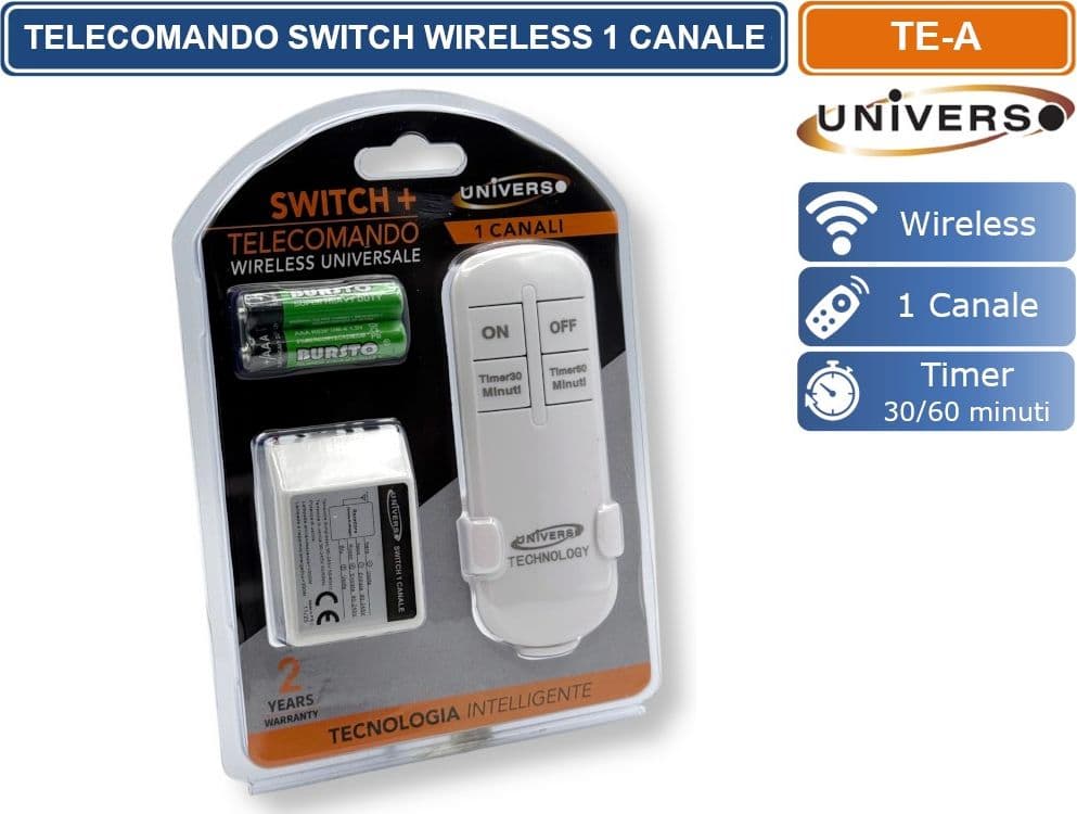 UNIVERSO TE-A TELECOMANDO WIRELESS SWITCH 1 CANALE ON/OFF CON TIMER 30/60 MINUTI – PORTATA FINO A 100 M - 5