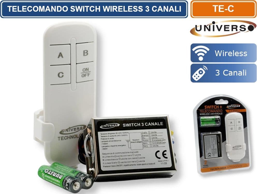 UNIVERSO TE-C TELECOMANDO WIRELESS SWITCH 3 CANALI ON/OFF PORTATA FINO A 100 M - 2