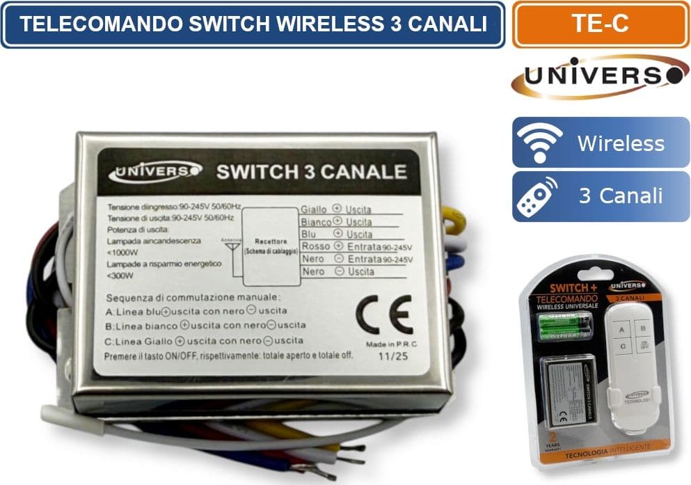 UNIVERSO TE-C TELECOMANDO WIRELESS SWITCH 3 CANALI ON/OFF PORTATA FINO A 100 M - 3