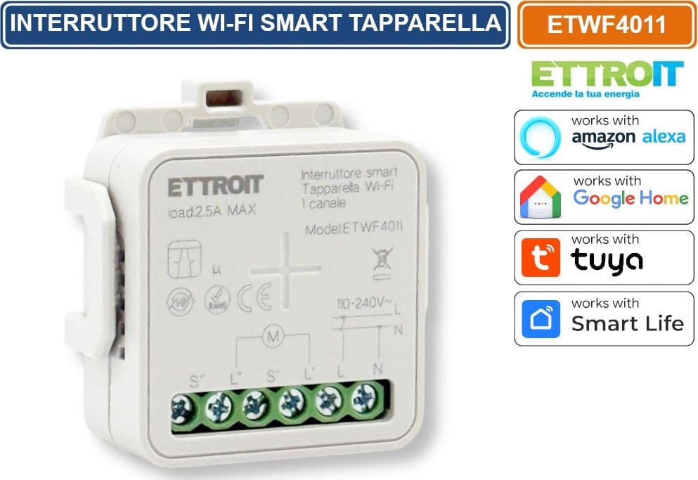ETTROIT ETWF4011 MODULO INTERRUTTORE SMART WI-FI TUYA PER TAPPARELLE 1 CANALE 2.5A COMPATIBILE CON AMAZON ALEXA E GOOGLE HOME - 2