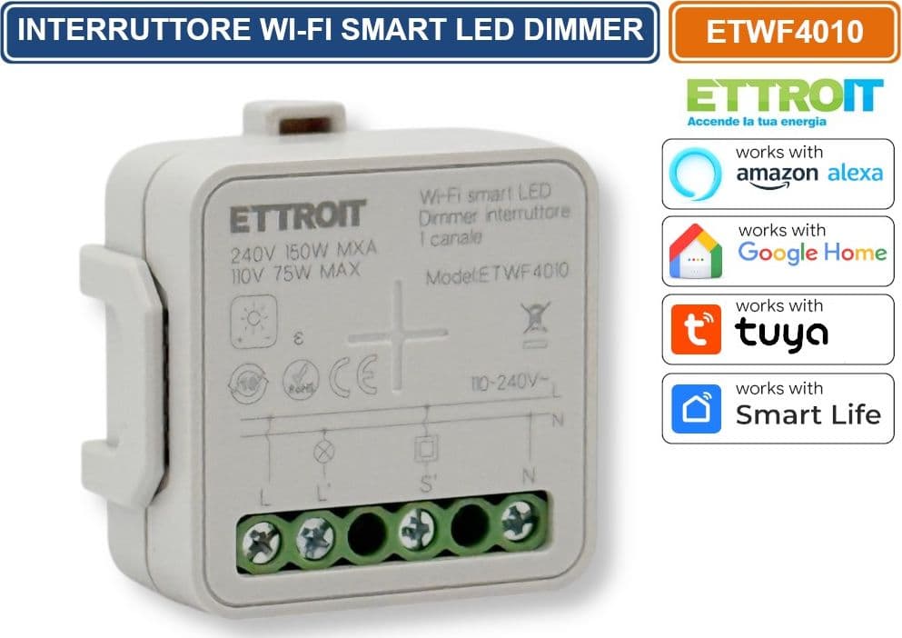ETTROIT ETWF4010 MODULO RELÈ SMART WI-FI TUYA 1 CANALE CON DIMMER CONTROLLO ON/OFF LUCI  COMPATIBILE CON AMAZON ALEXA E GOOGLE HOME - 2