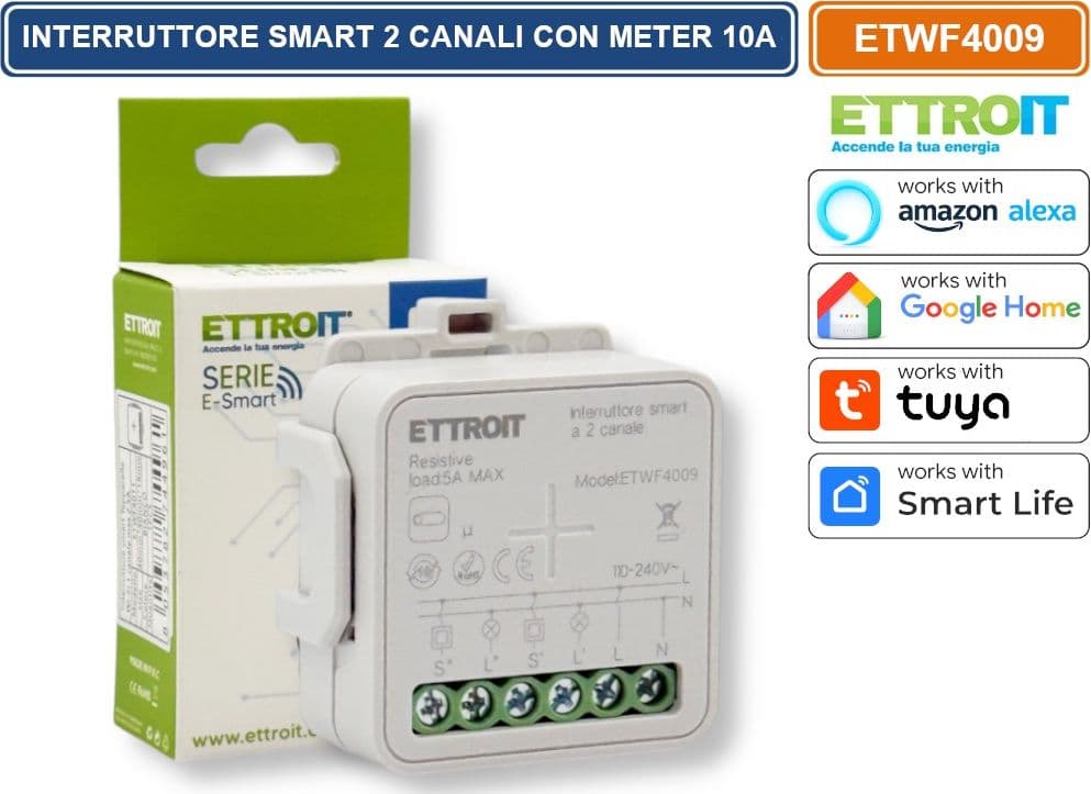 MODULO INTERRUTTORE RELÈ SMART TUYA WI-FI 2 CANALI ON/OFF 10A COMPATIBILE CON AMAZON ALEXA E GOOGLE HOME