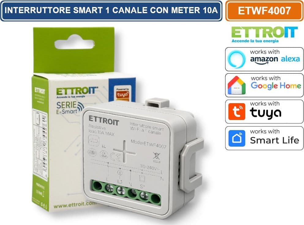 ETTROIT ETWF4007 MODULO INTERRUTTORE RELÈ SMART TUYA WI-FI 1 CANALE ON/OFF 10A COMPATIBILE CON AMAZON ALEXA E GOOGLE HOME
