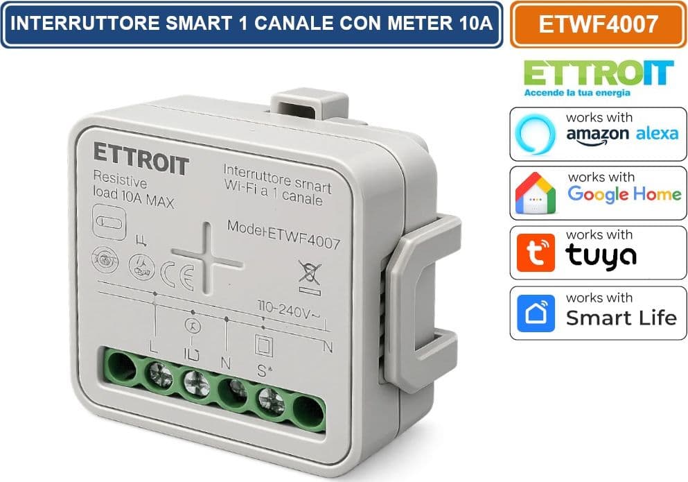 ETTROIT ETWF4007 MODULO INTERRUTTORE RELÈ SMART TUYA WI-FI 1 CANALE ON/OFF 10A COMPATIBILE CON AMAZON ALEXA E GOOGLE HOME - 2