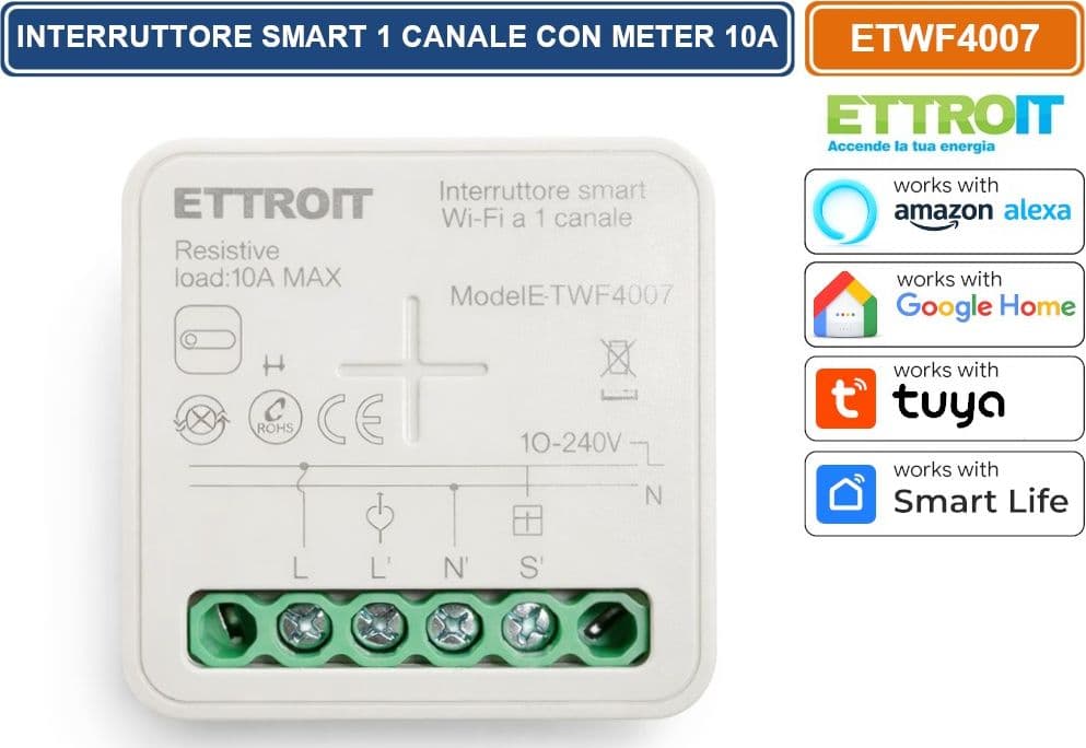 ETTROIT ETWF4007 MODULO INTERRUTTORE RELÈ SMART TUYA WI-FI 1 CANALE ON/OFF 10A COMPATIBILE CON AMAZON ALEXA E GOOGLE HOME - 3